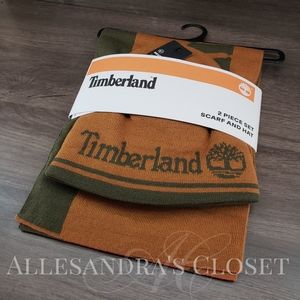 Timberland Hat Beanie & Scarf Set Wheat Grape Leaf Logo Jacquard Reversible Gift